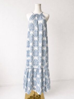 Joie Linen Maxi Dress Blue White Print Halter Tiered Boho Beach L Floral Resort